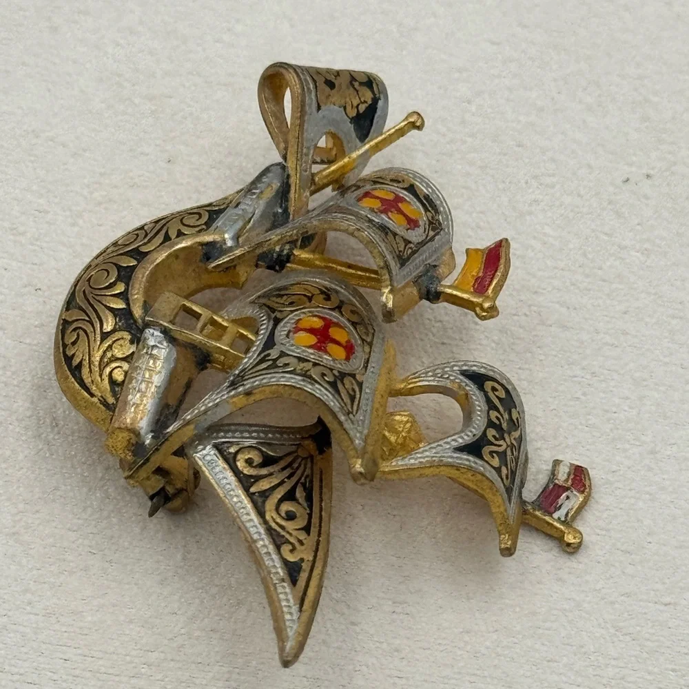Vintage Spanish Damascene‎ Ship Brooch Toledo Gold Black Enamel Nautical